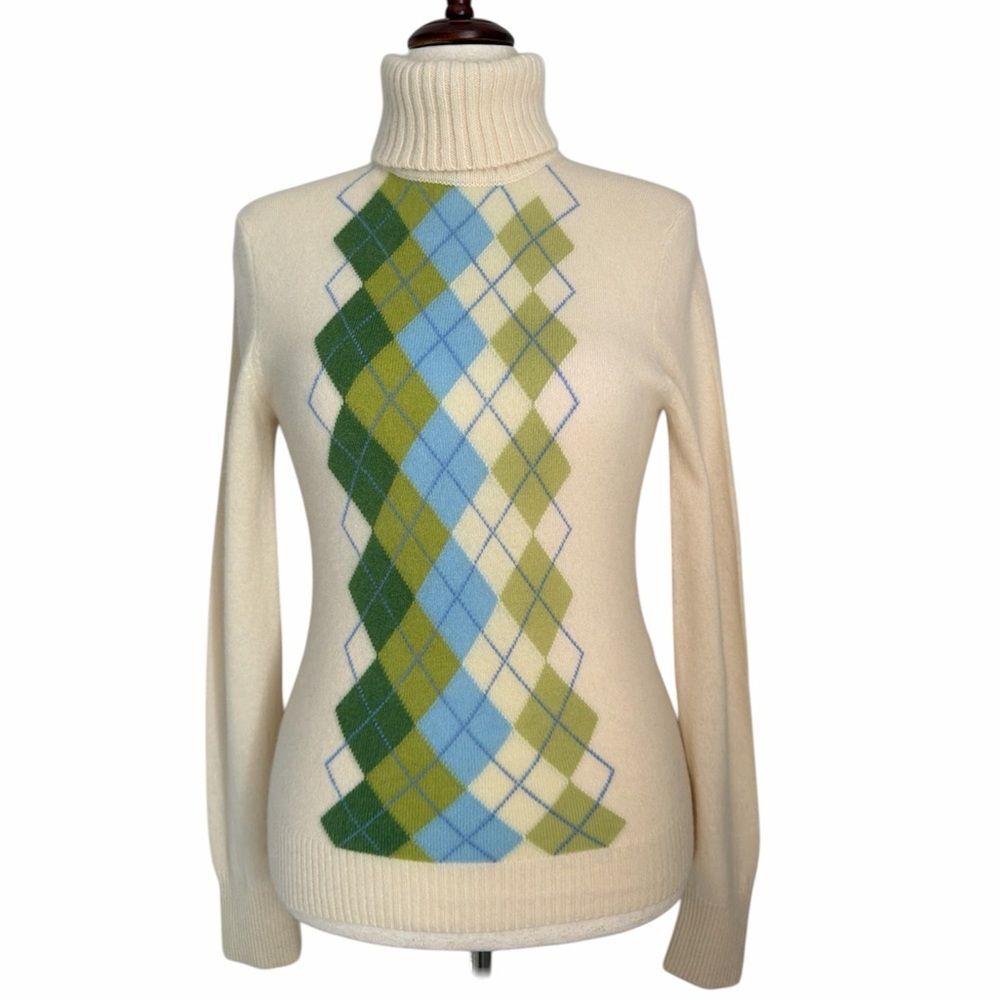 Express 100% Cashmere Sweater L Ivory Argyle Turtleneck Soft Preppy Classic Y2K